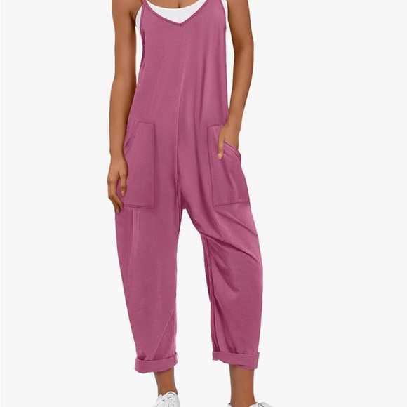 anrabess Pants - Pink Sleeveless Jumpsuit with V-Neck and pockets